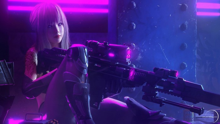 Cyberpunk girl with sniper rifle and neon lights