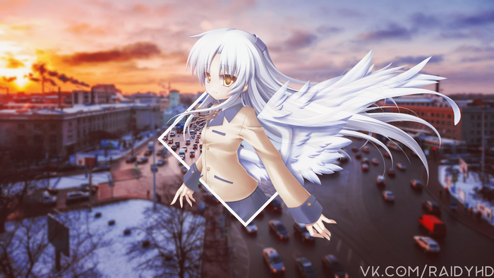 Tachibana Kanade from Angel Beats! with wings over city street