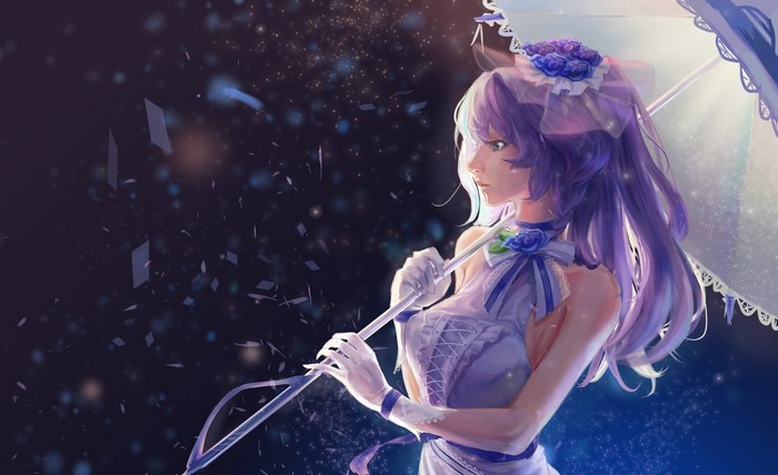 Anime girl with purple hair holding an umbrella