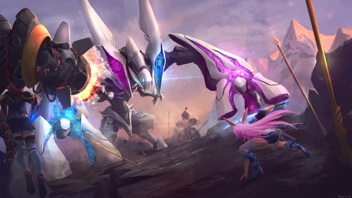 Anime girls fighting giant robots in Honkai Impact