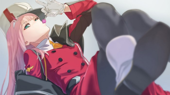 Zero Two from Darling in the FranXX with a lollipop