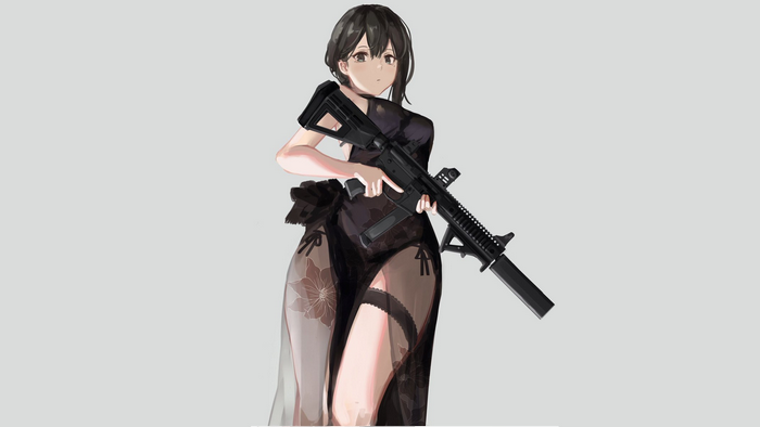 Anime girl in black Cheongsam holding a rifle