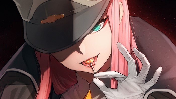 Zero Two from Darling in the FranXX with a lollipop