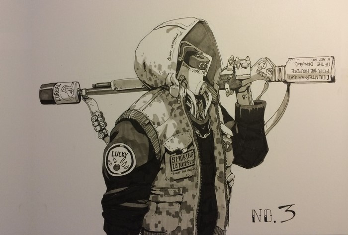 Artwork of a futuristic soldier with a gun