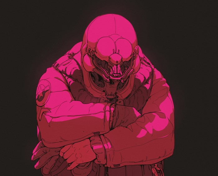 Cyberpunk character in pink armor with arms crossed
