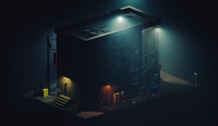 Isometric building at night with streetlights