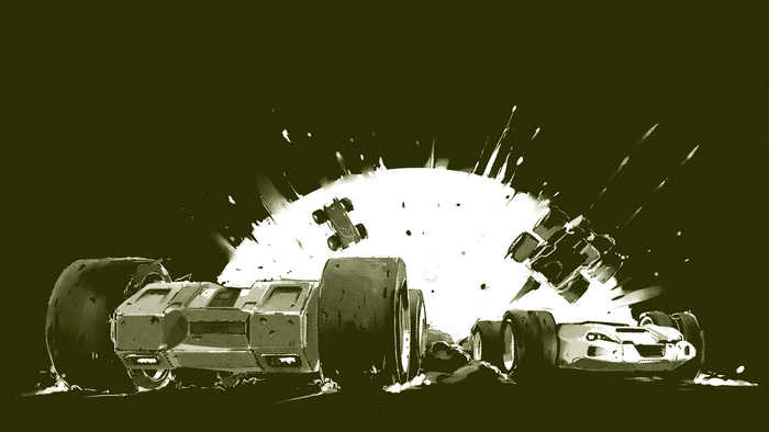 Car crash with explosion and debris