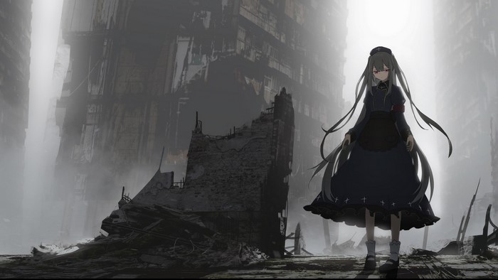 Anime girl in a dark dress in a ruined city