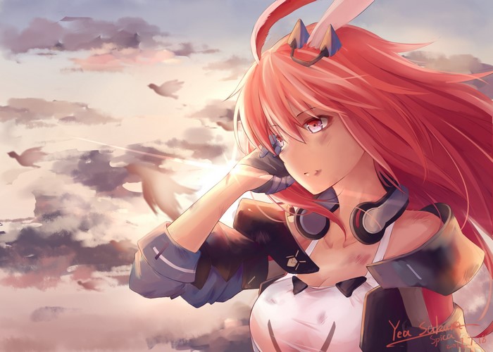 Yae Sakura from Honkai Impact with headphones and bunny ears
