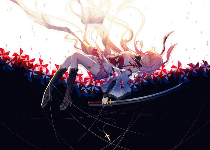 Yae Sakura from Honkai Impact falling with a sword