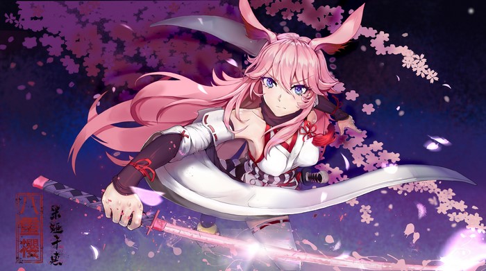 Yae Sakura from Honkai Impact with swords and cherry blossoms