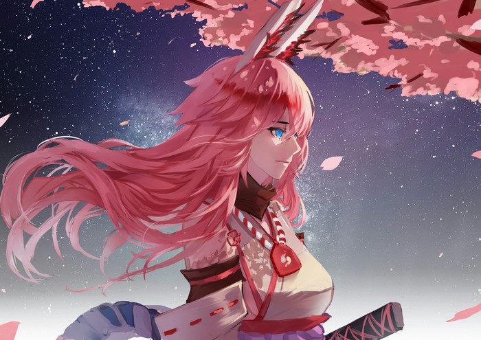 Yae Sakura from Honkai Impact under cherry blossoms