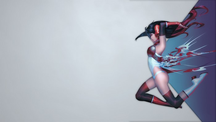 Woman in white and red outfit with abstract elements