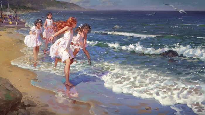 Girls in white dresses playing on a beach by the sea