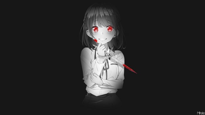 Anime girl with red eyes and bloody knife