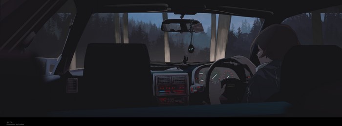 Anime girl driving a car at night