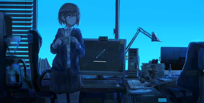 Anime girl in office holding a cup