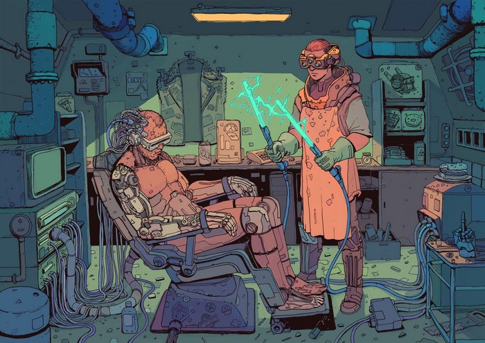 Cyborg undergoing medical treatment with futuristic equipment