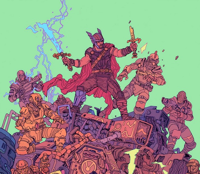 Thor and armored soldiers in a sci-fi battle