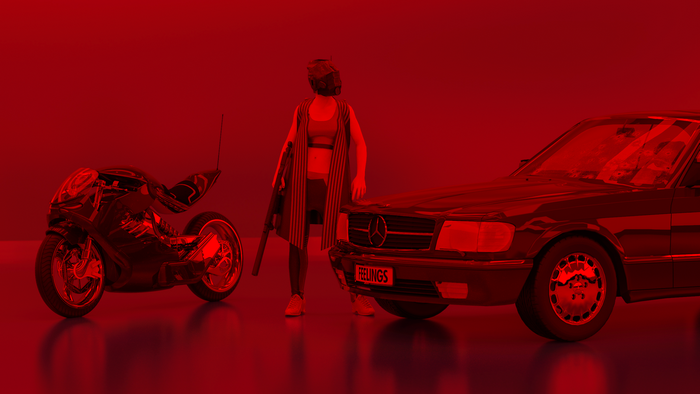 Woman with weapon, Mercedes-Benz, motorcycle