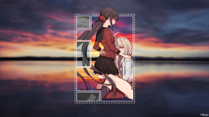Anime girls embracing against a sunset background