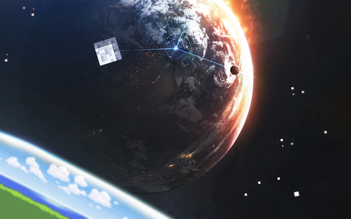 Minecraft style planet with space station