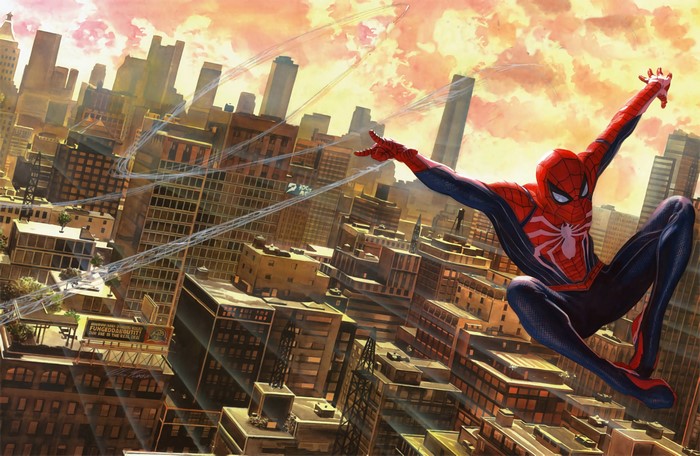 Spider-Man from Marvel Comics swinging through New York City