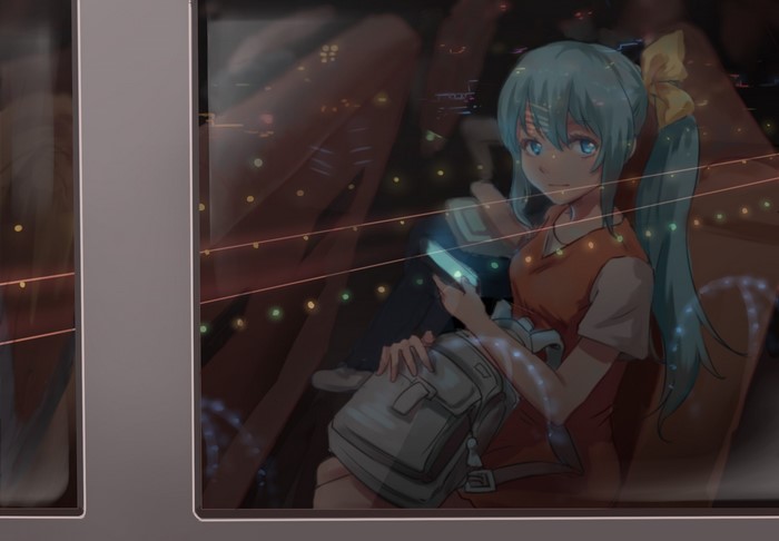Hatsune Miku from Vocaloid on a train at night