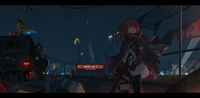 Girls with guns in a post-apocalyptic city at night
