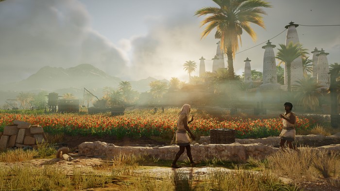 Bayek from Assassin's Creed Origins in a field