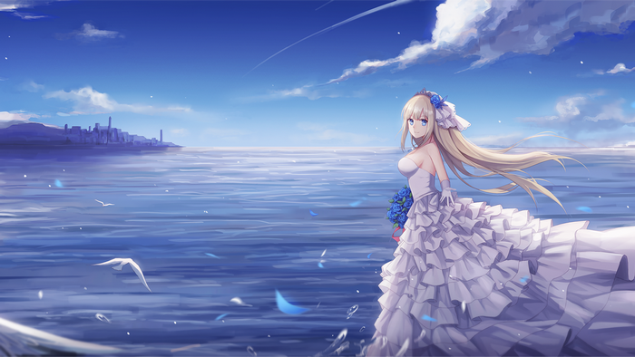 Lexington from Warship Girls in a wedding dress by the sea