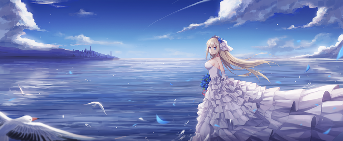 Lexington from Warship Girls in a wedding dress by the sea