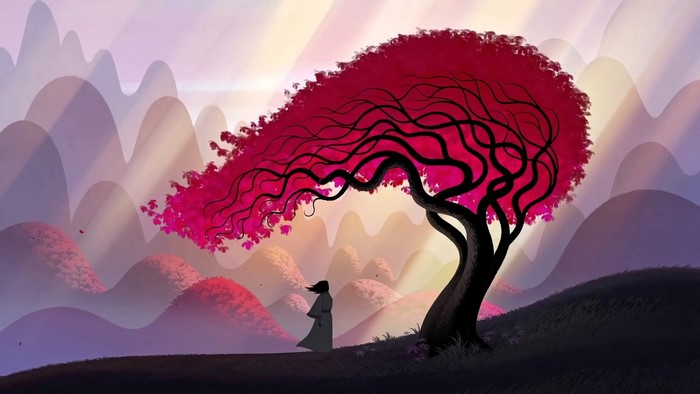 Samurai Jack under a pink tree with sun rays