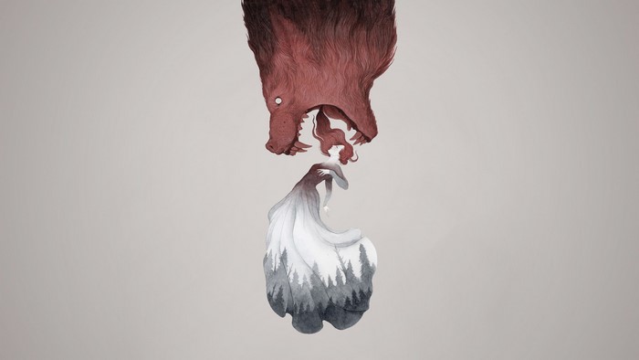 Illustration of a creature and a woman with a forest dress
