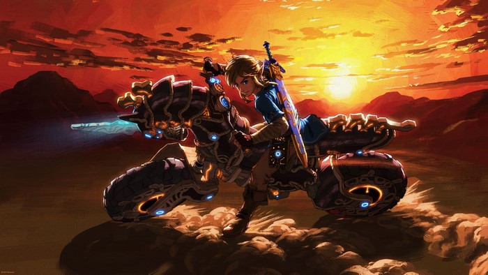 Link from The Legend of Zelda: Breath of the Wild on a motorcycle