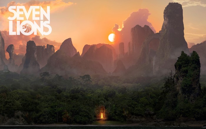 Seven Lions logo over a mountain landscape at sunset