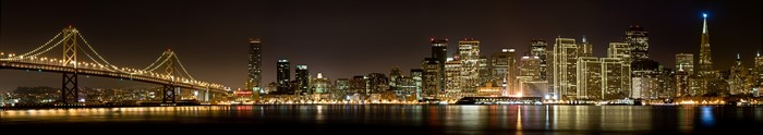 San Francisco Bay Bridge and skyline at night