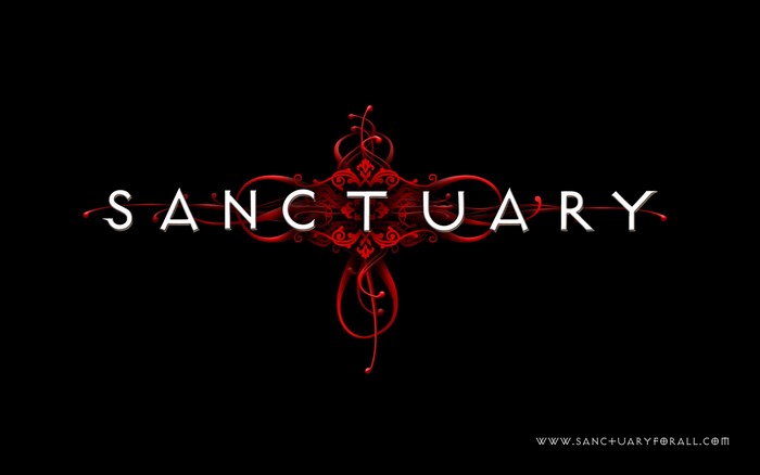 Sanctuary logo with red ornate design