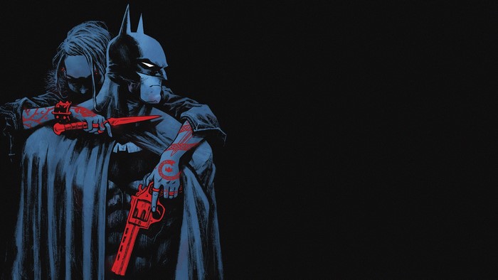 Batman and a tattooed figure with weapons