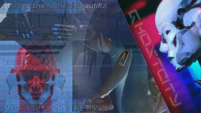Collage artwork with robotic skulls and text