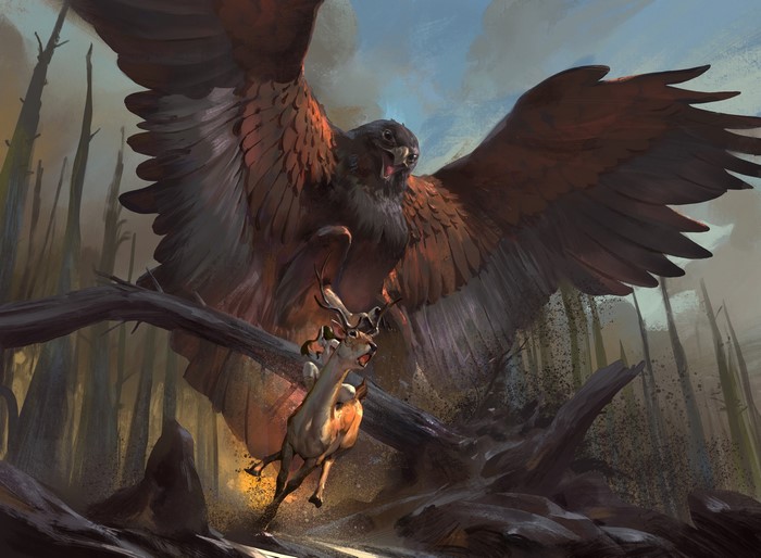 Giant eagle attacking a deer in a forest