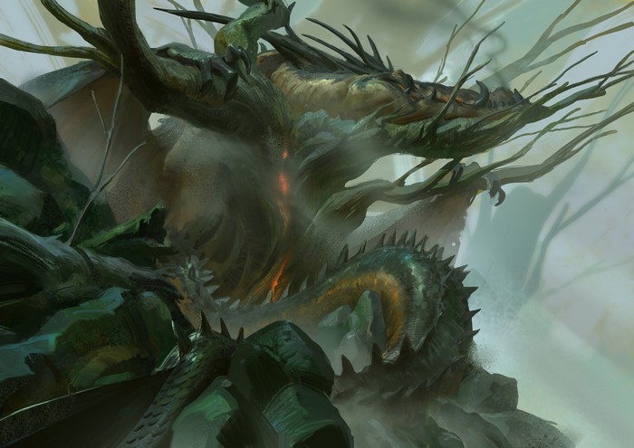 Dragon entwined with trees in a misty environment