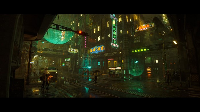 Cyberpunk city street at night with neon lights