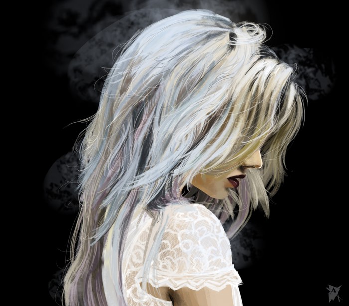 Artwork of a woman with pale skin and white hair