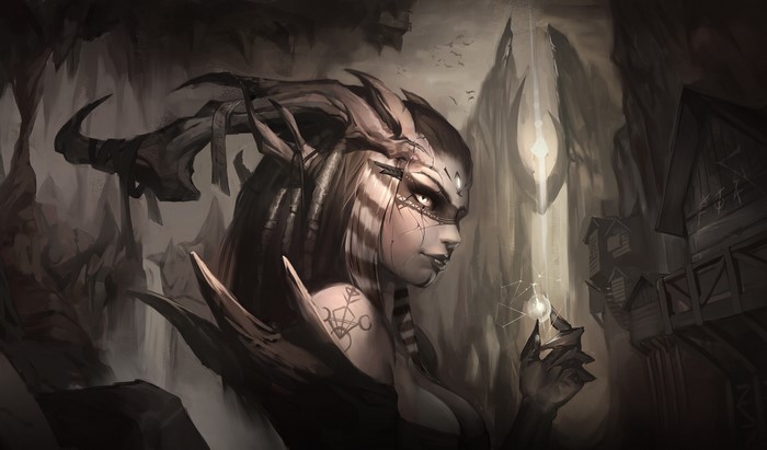 Demon girl with horns in a dark cave
