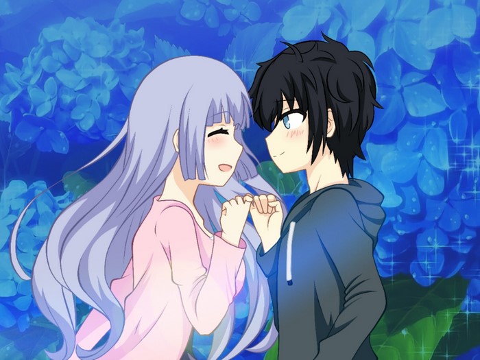 Two anime characters holding hands with blue flowers background