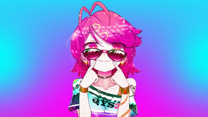 Anime girl with pink hair and sunglasses