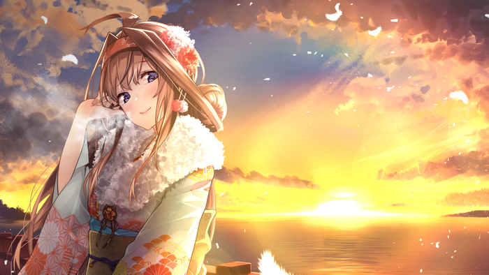 Kongou from Kantai Collection in a kimono at sunset
