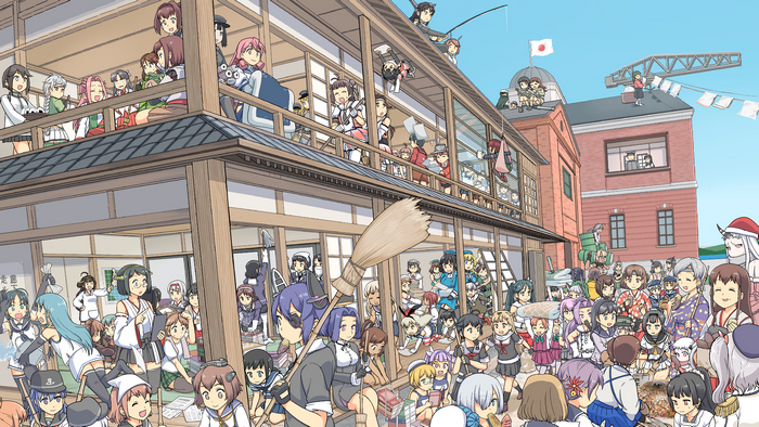 Kantai Collection characters in a bustling town