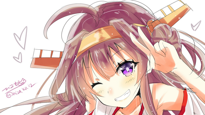 Kongou from Kantai Collection winking and making a peace sign